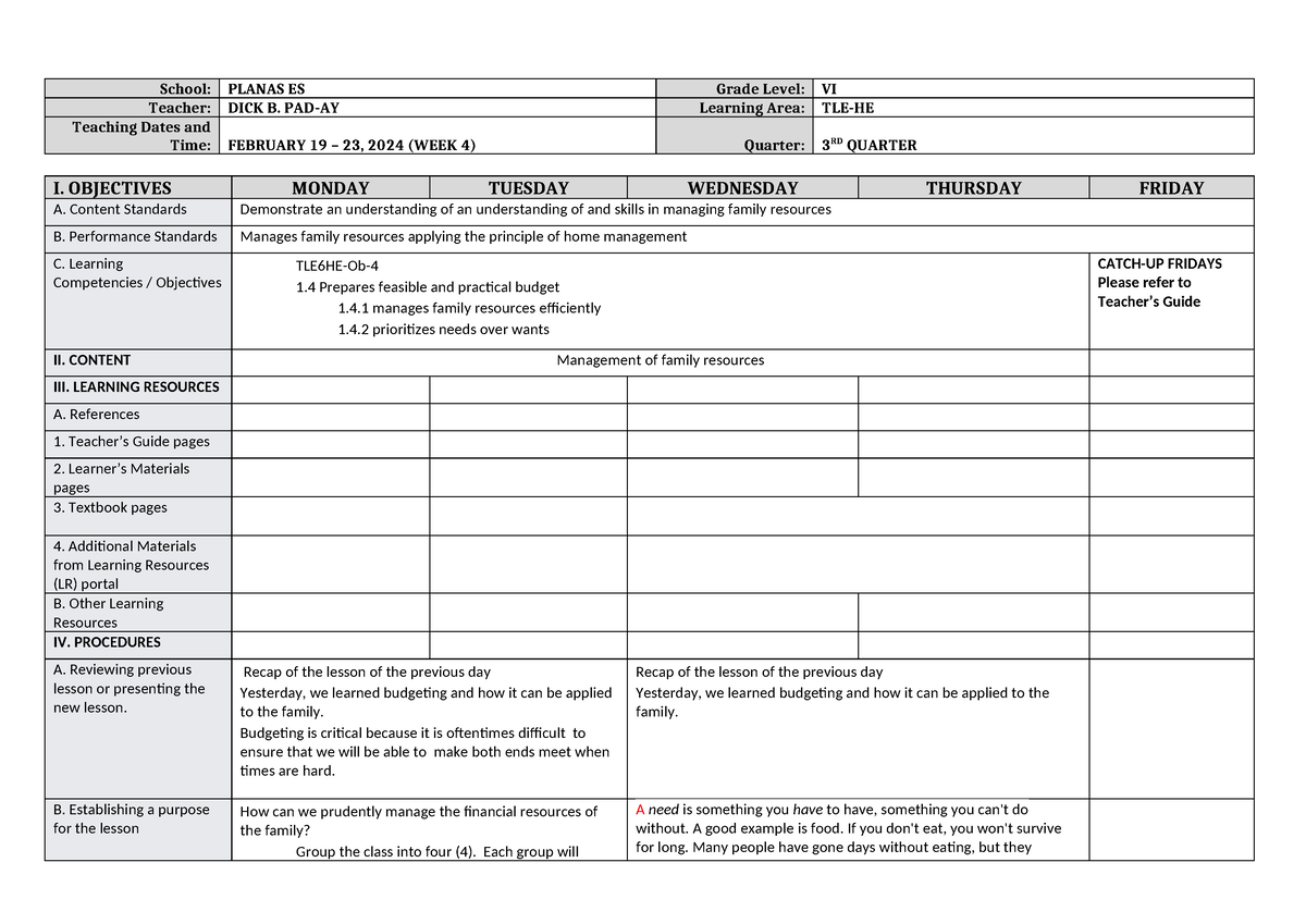 DLL TLE-HE 6 Q3 W4dll - School: PLANAS ES Grade Level: VI Teacher: DICK ...