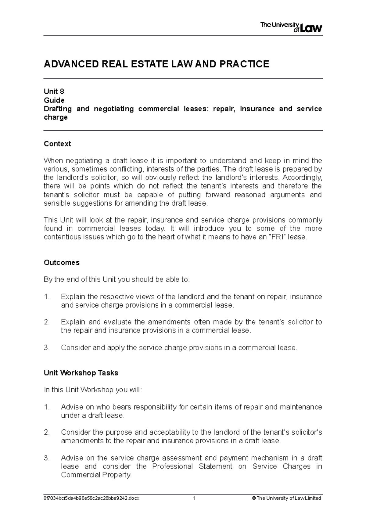 2122 are ws08 ce01 guide - ADVANCED REAL ESTATE LAW AND PRACTICE Unit 8 ...