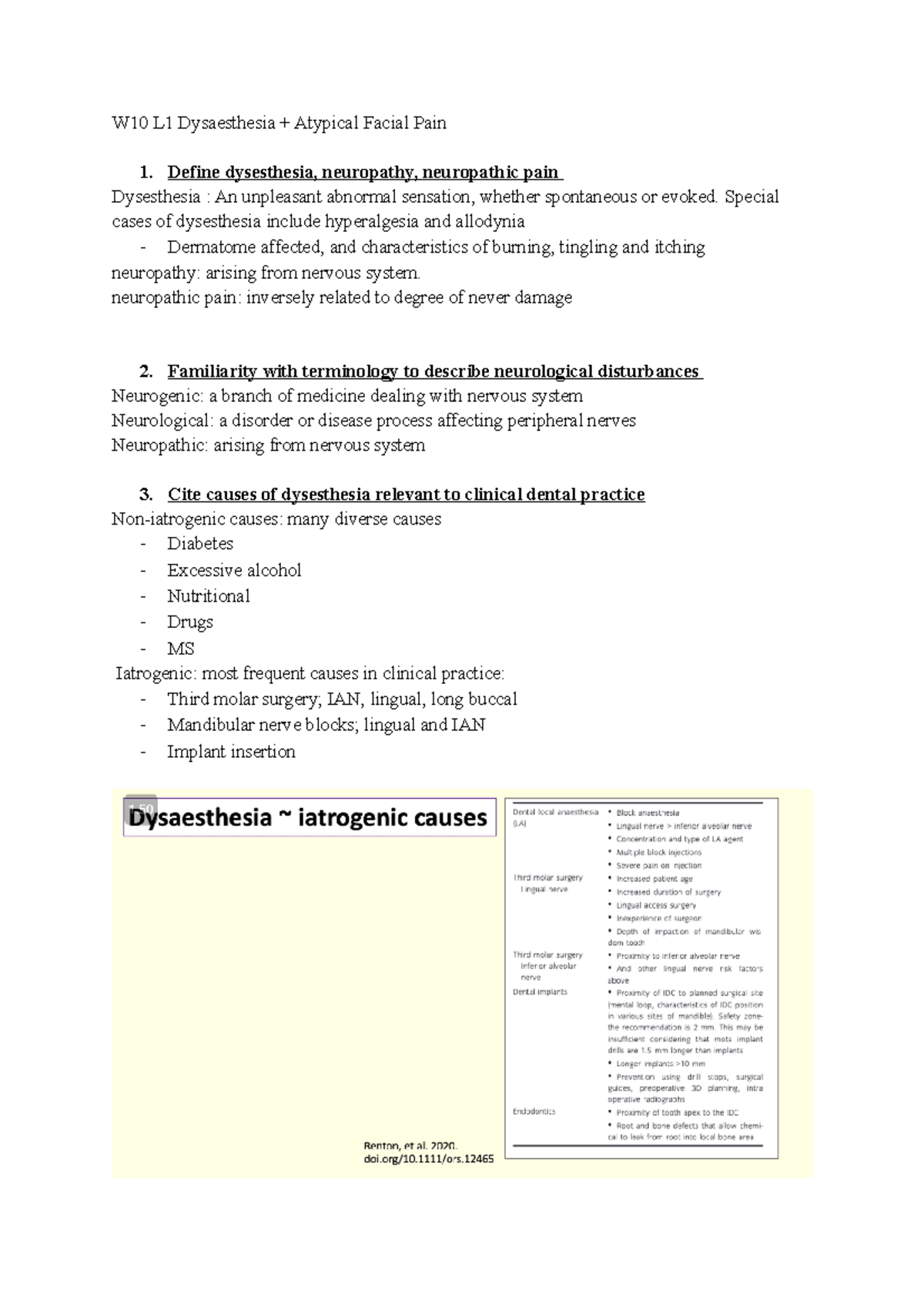 Dysaesthesia Notes - W10 L1 Dysaesthesia + Atypical Facial Pain Define ...