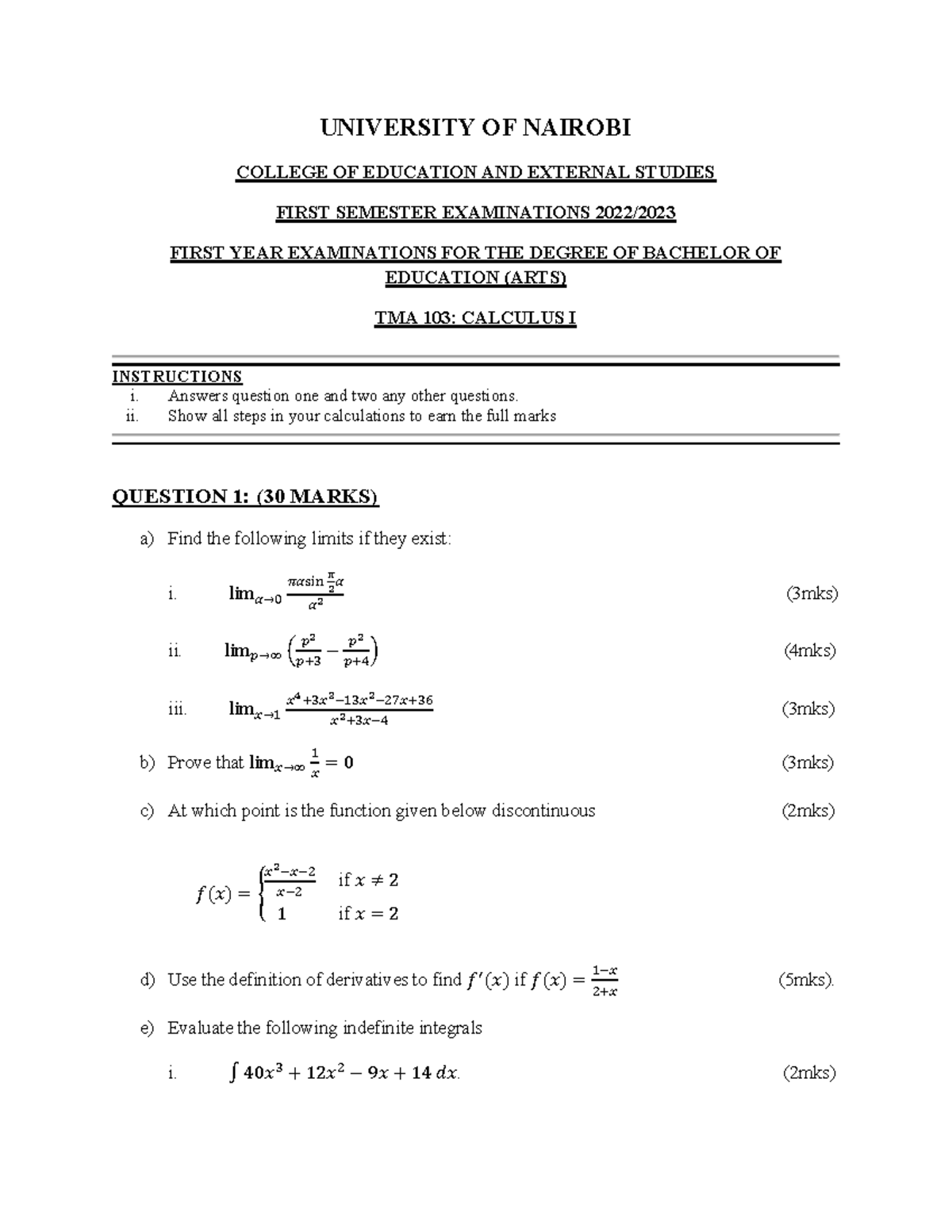TMA 103 2022-2023 - Lecture notes - UNIVERSITY OF NAIROBI COLLEGE OF ...