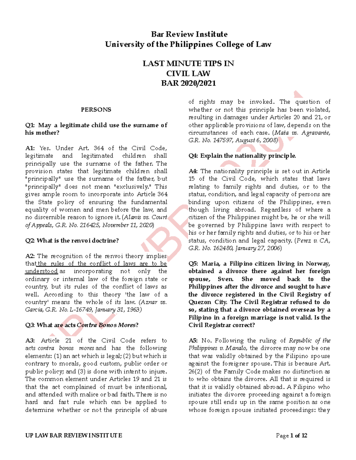 CIV LMT civil law UPLAWBRI Bar Review Institute University of the