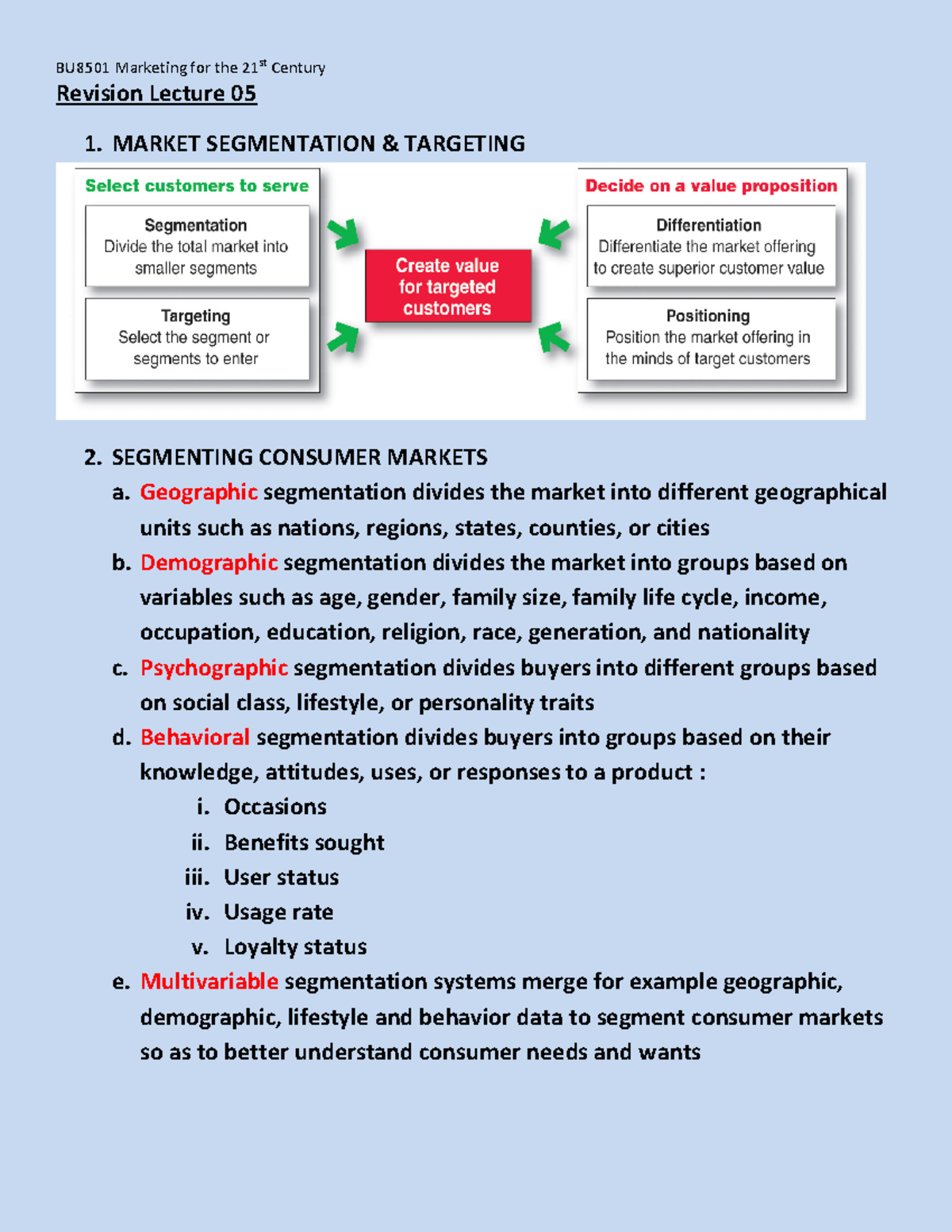 Lecture 5 - revision - Revision Lecture 05 MARKET SEGMENTATION ...