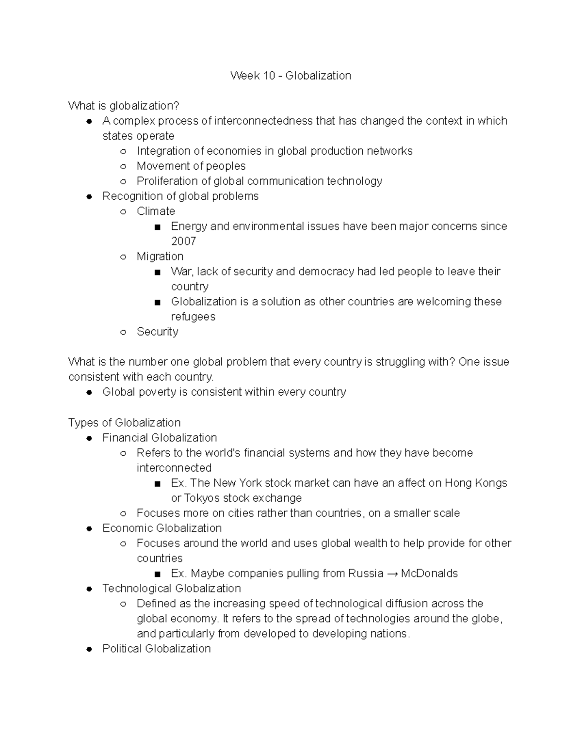 W10 - Globalization - Week 10 - Globalization What is globalization? A ...