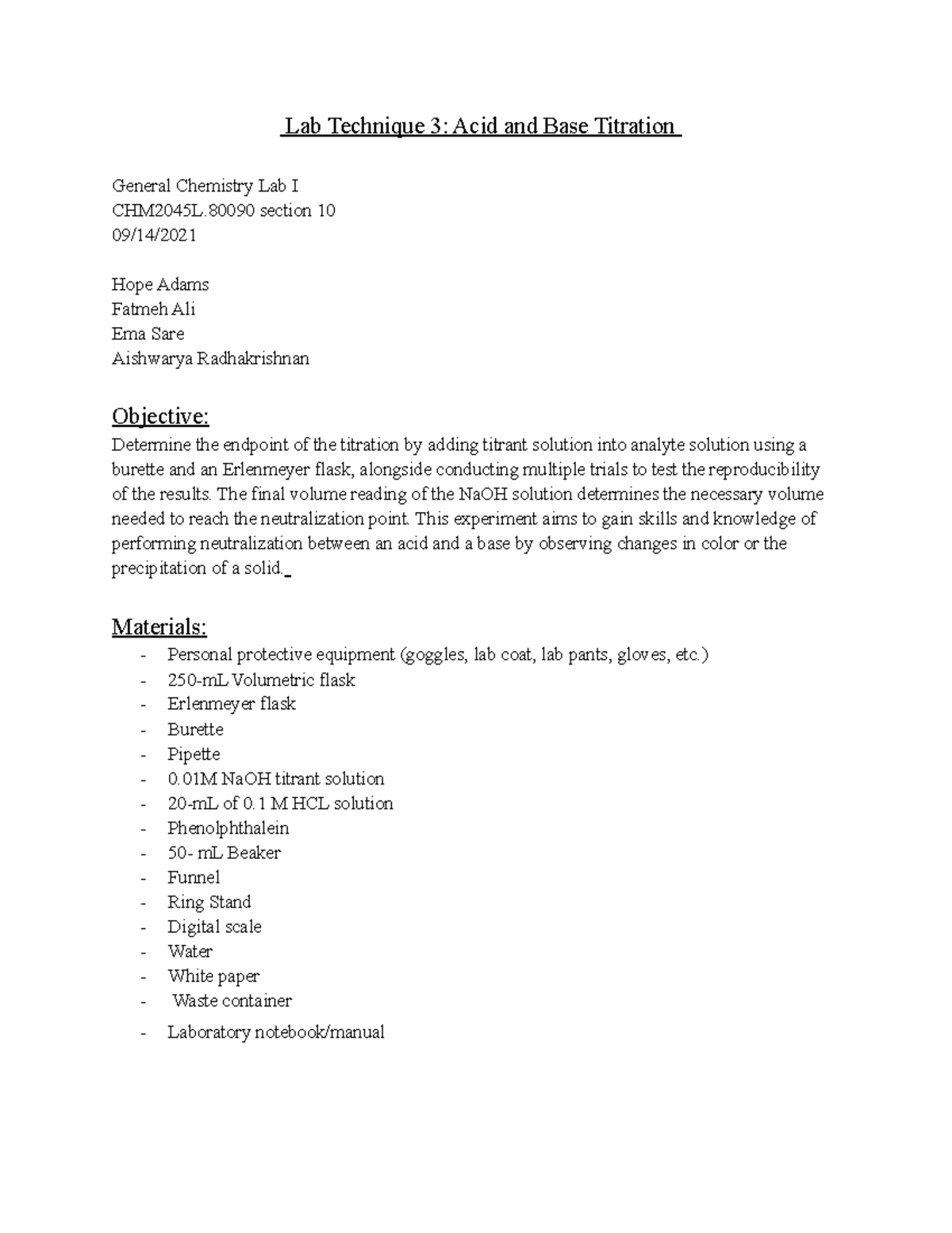Lab technique 3 Acid and Base titration Lab Technique 3 Acid and