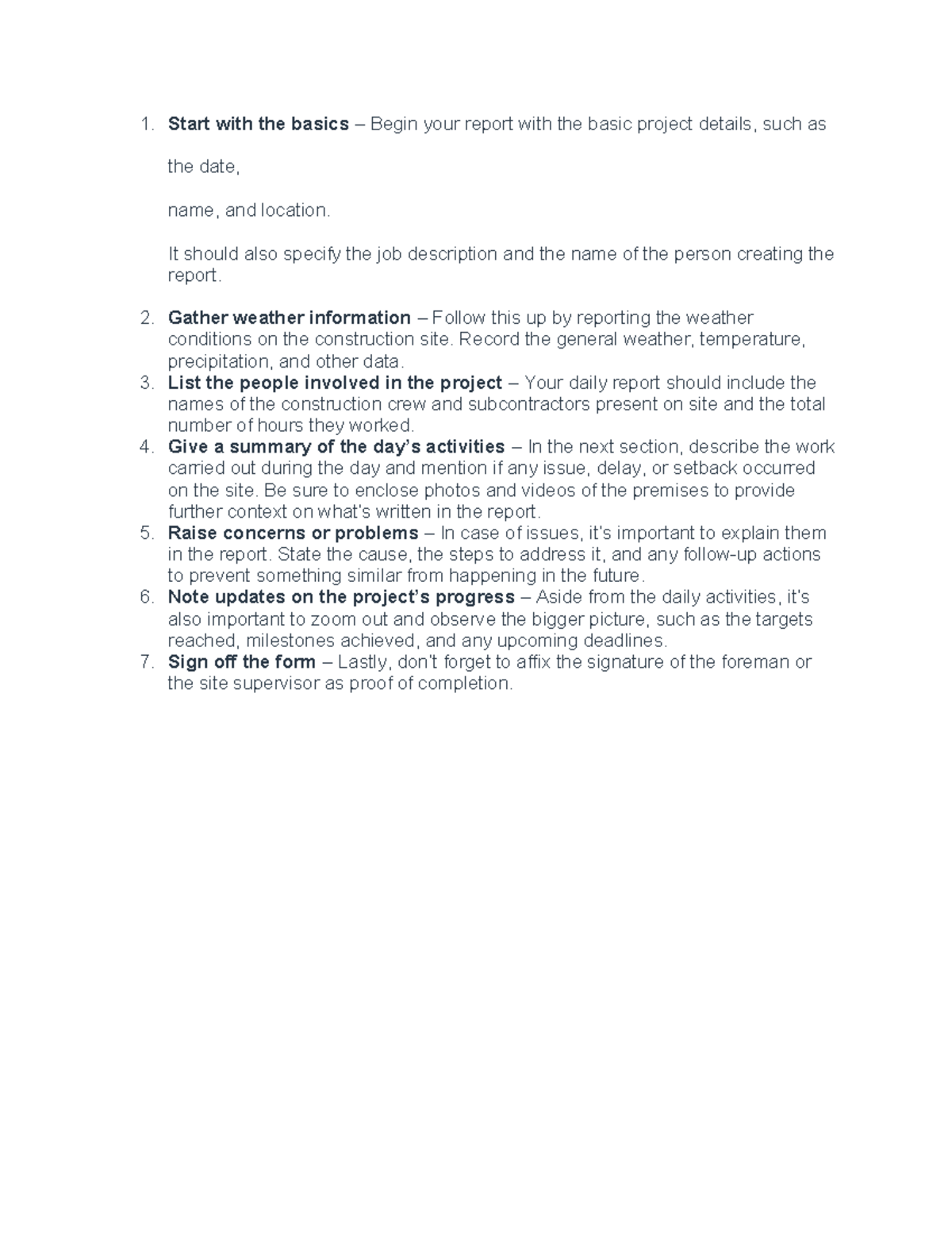 Field Officer Report - Construction site visit - Start with the basics ...