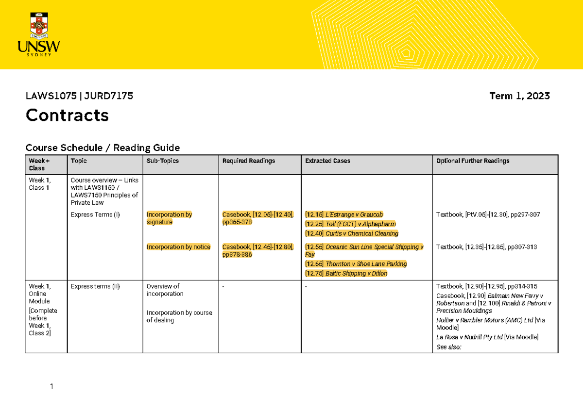 Contracts - Course Schedule and Reading Guide - T1, 2023 - LAWS1075 ...