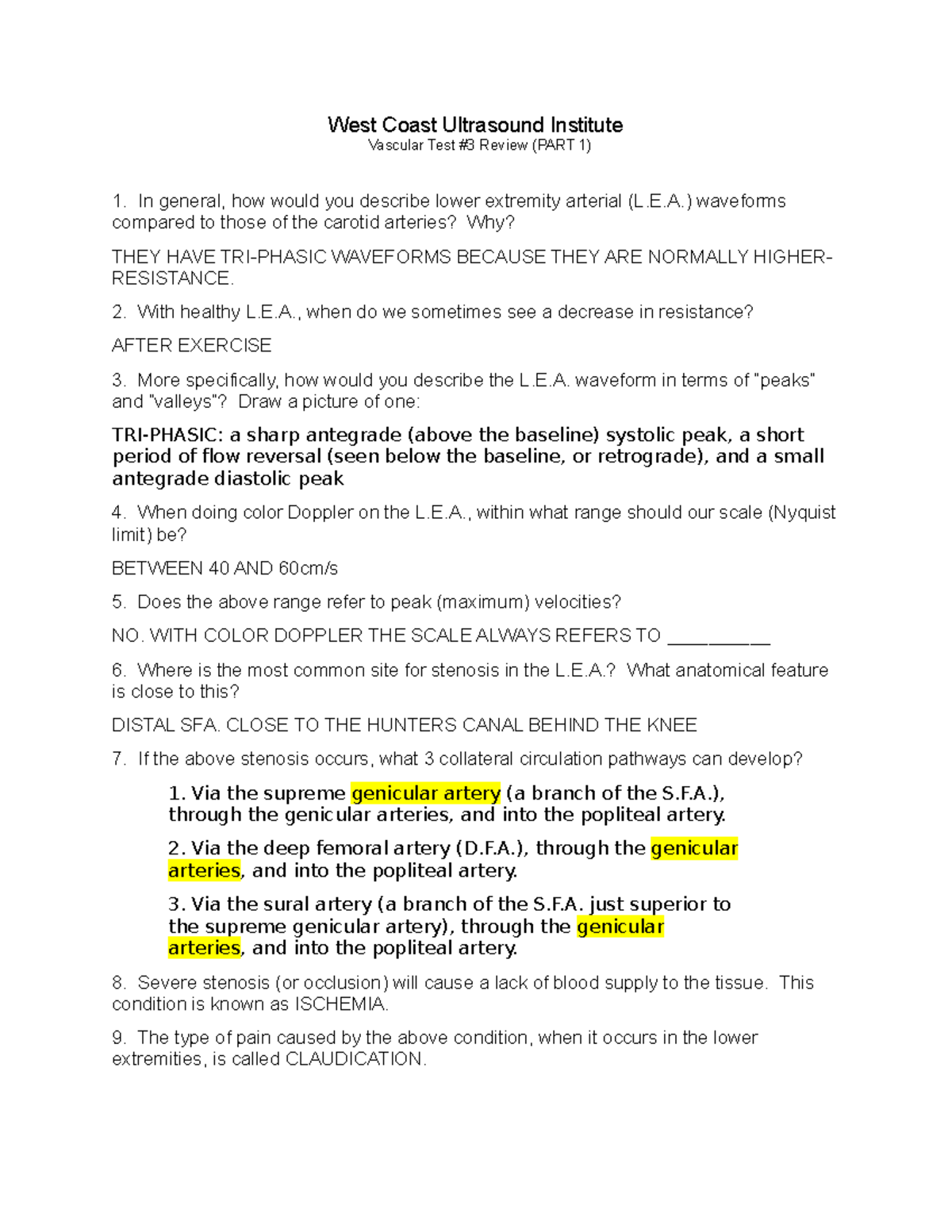 Lecture 5 Assignment notes West Coast Ultrasound Institute Vascular