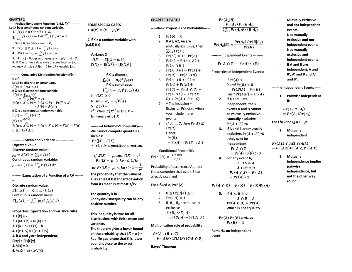 Cheatsheet St2334 Midterm Nus Warning Tt Undefined Function 32 Chapter Probability Density Function Let Be Continuous Random Variable Since For Not In Pr Pr Studocu