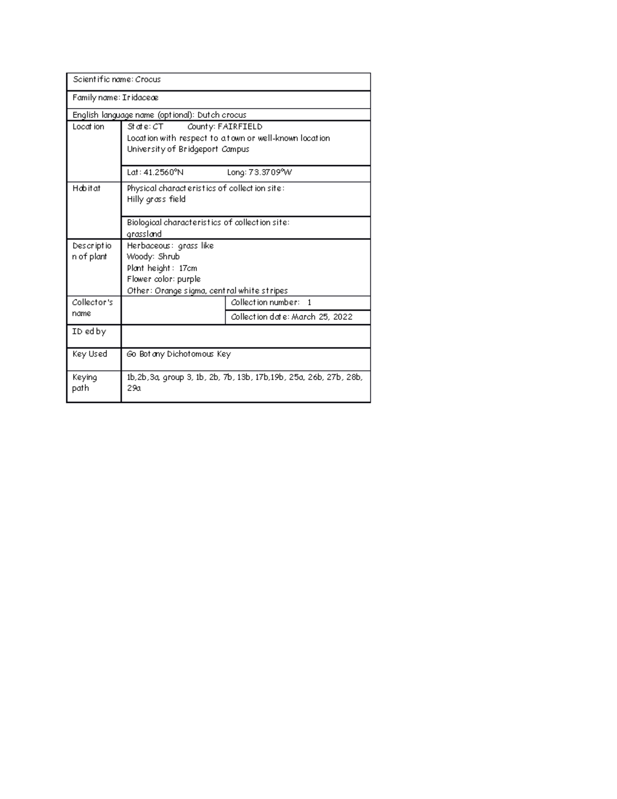 Plant specimen label Scientific name Crocus Family name Iridaceae