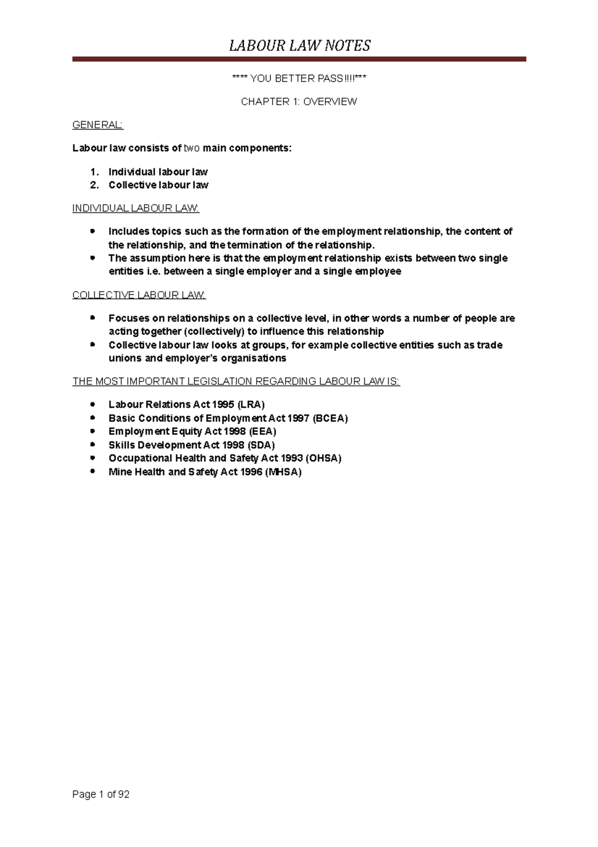 Labour law notes (Repaired) - **** YOU BETTER PASS!!!!*** CHAPTER 1 ...
