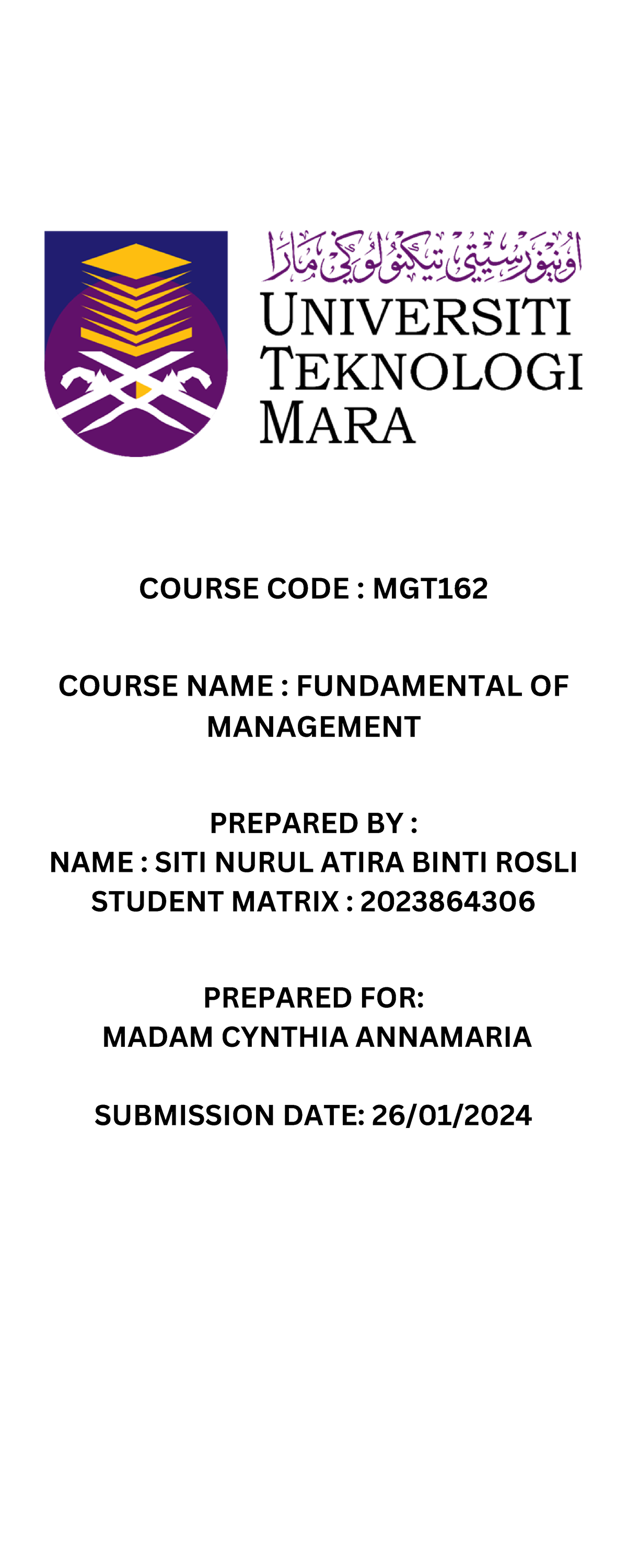 Mgt162 Individual Assignment - COURSE CODE : MGT COURSE NAME ...