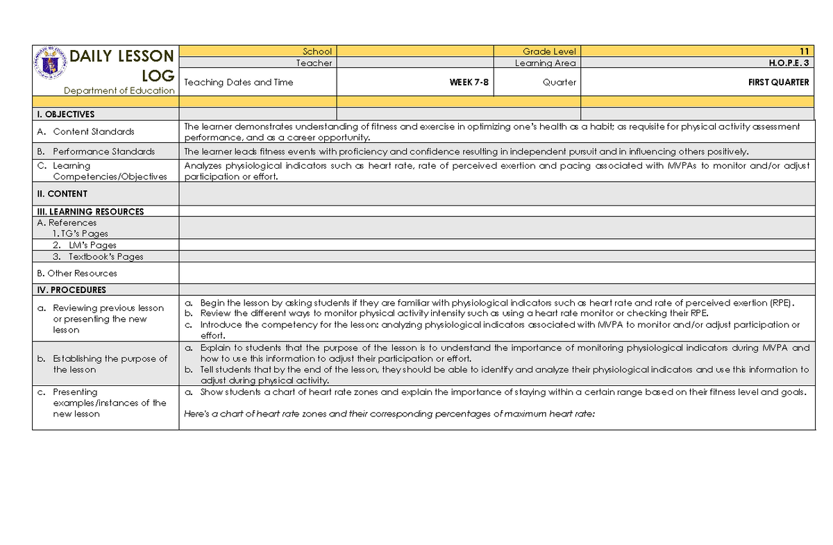 WEEK 5-6 - Guide for how to create Daily lesson Log - DAILY LESSON LOG ...