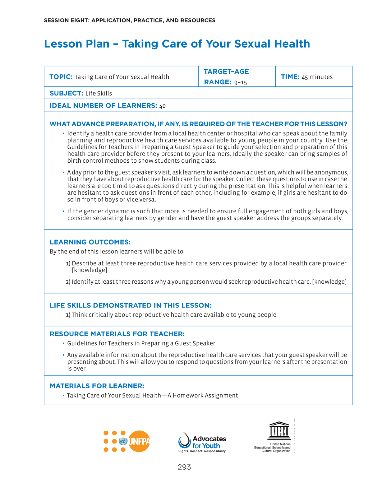 Lesson plan taking care of your sexual health TOPIC Taking Care