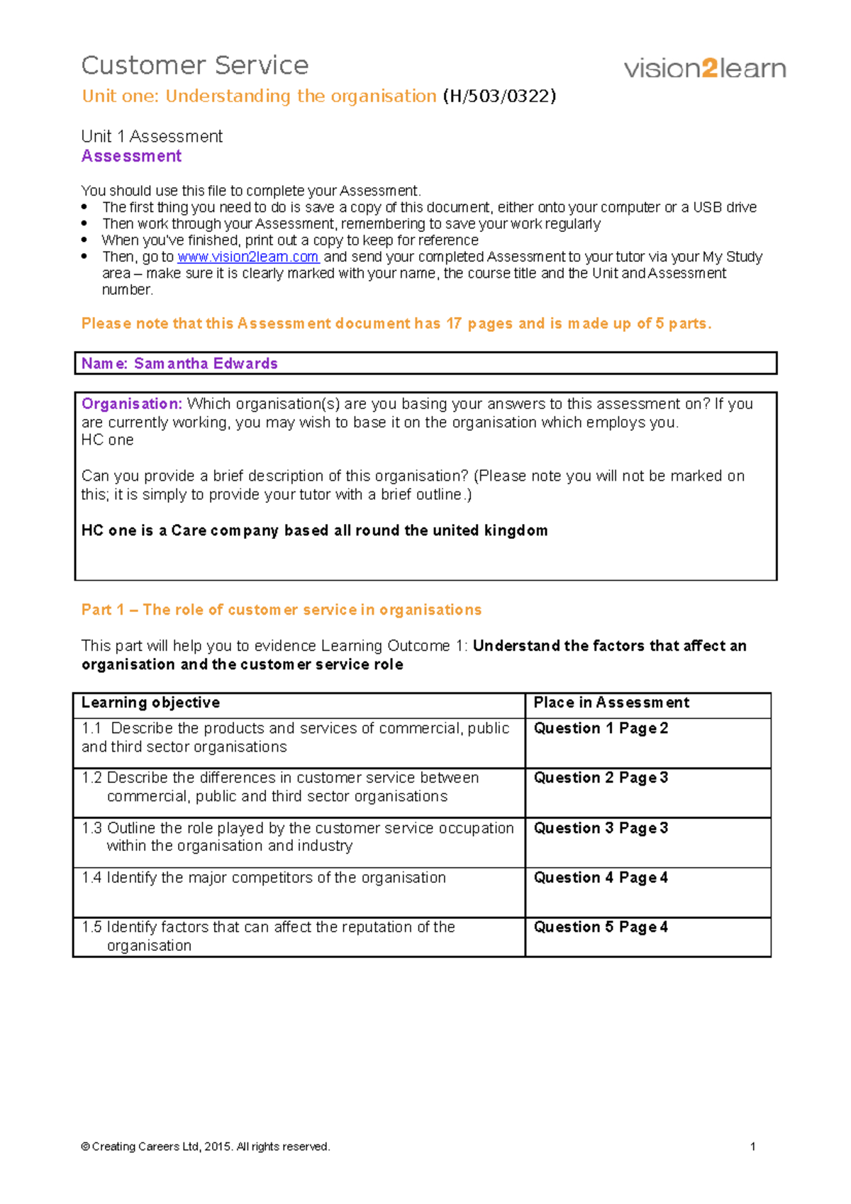 Lao u1 assessment Customer Service Unit One Understanding The 