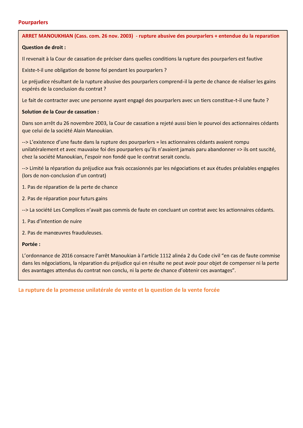 Arrets Importants - Pourparlers La Rupture De La Promesse Unilatérale ...