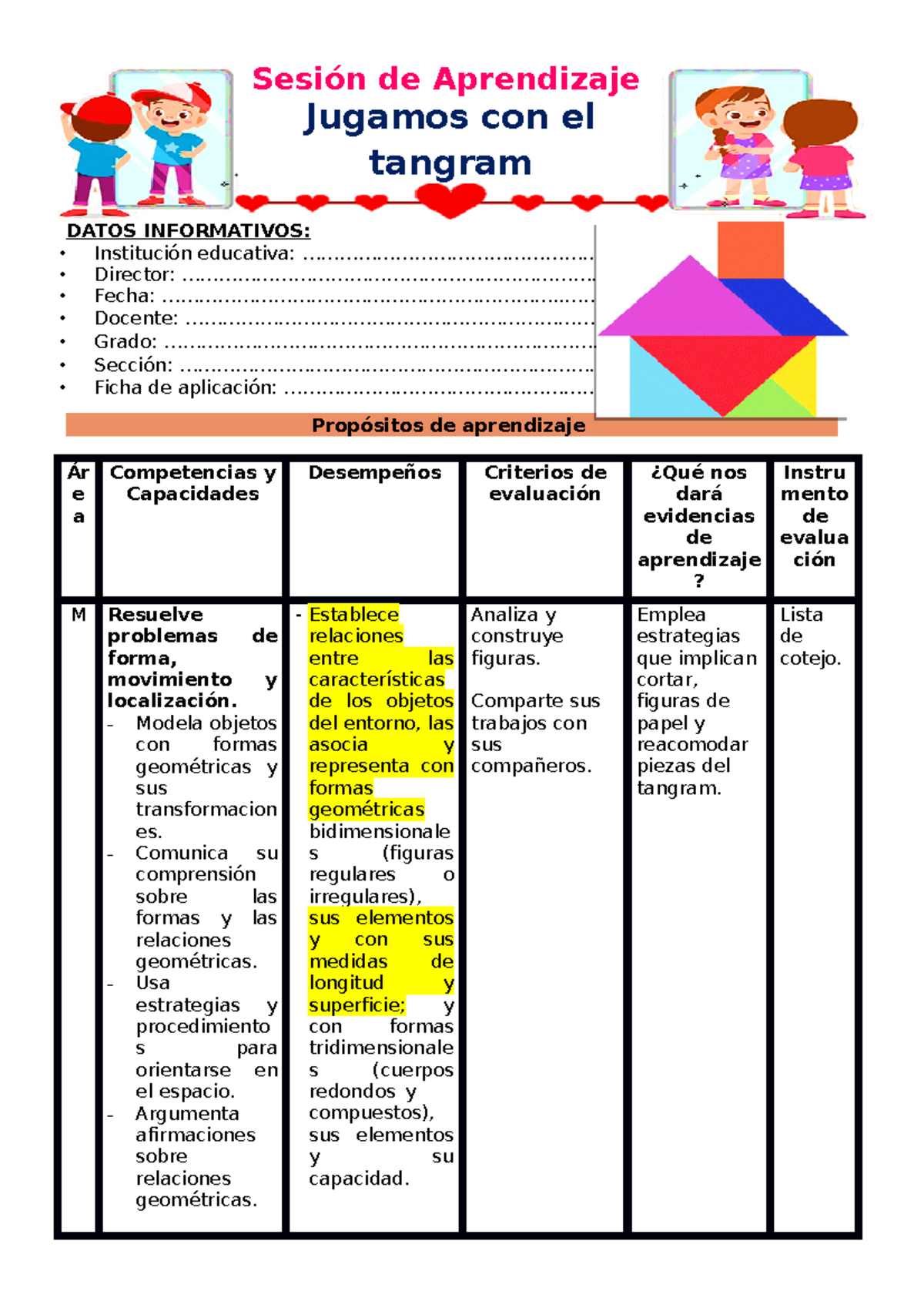3° Sesión. MAT Jugamos CON EL Tangram - DATOS INFORMATIVOS: Institución ...