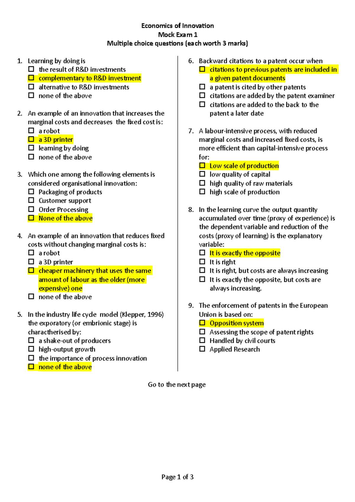Mock1 - Economics of Innovation Mock Exam 1 Multiple choice questions ...