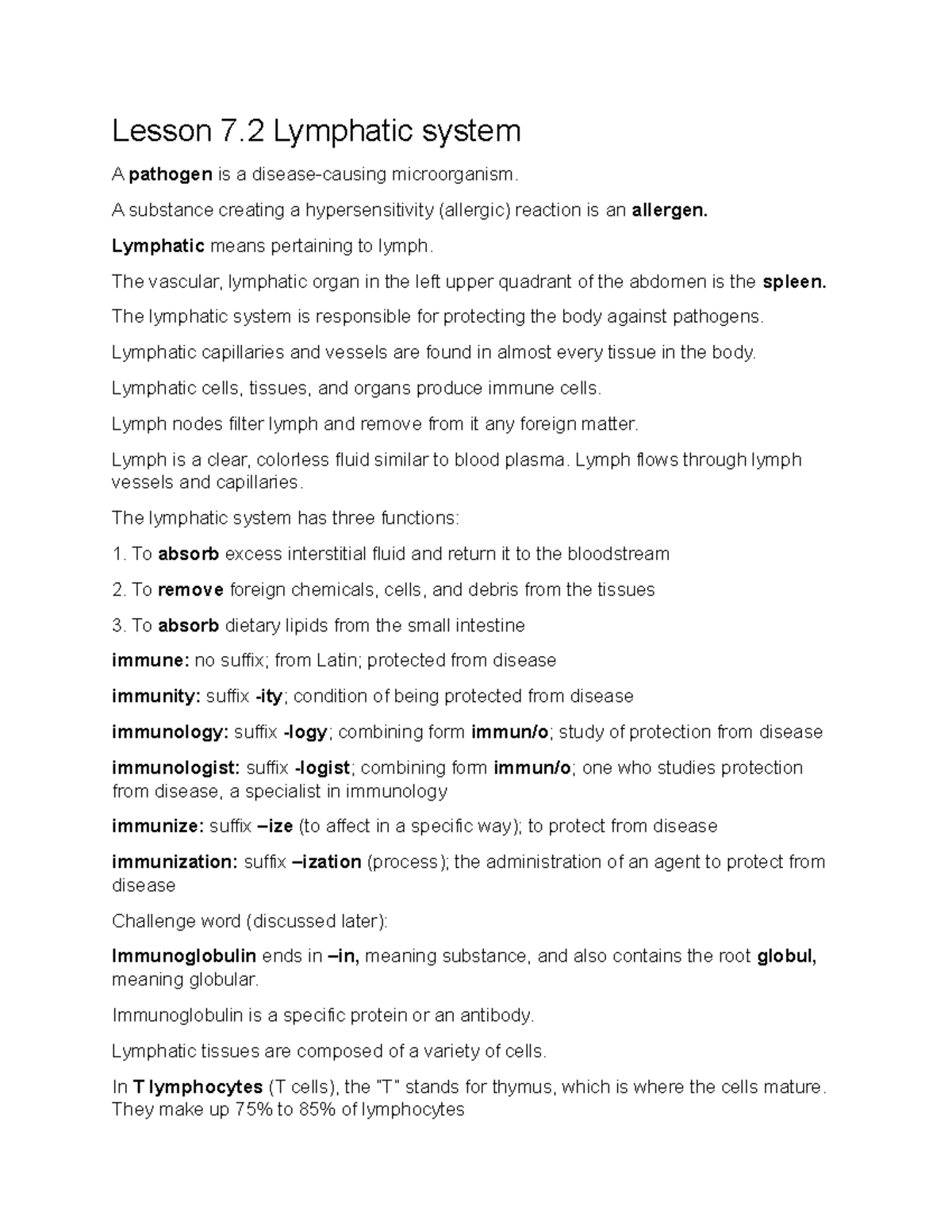 Lesson 7.2 Lymphatic system - Lesson 7 Lymphatic system A pathogen is a ...