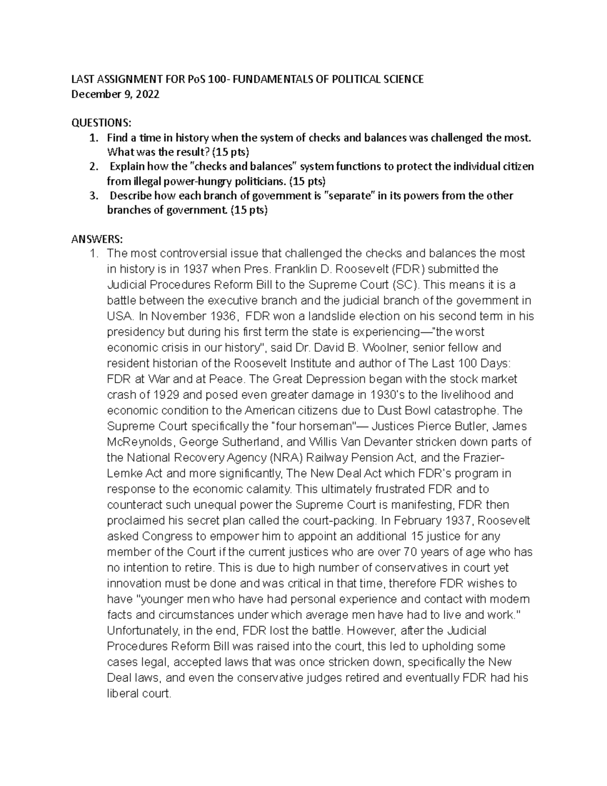 Checks And Balances, And Separation Of Powers - Last Assignment For Pos 