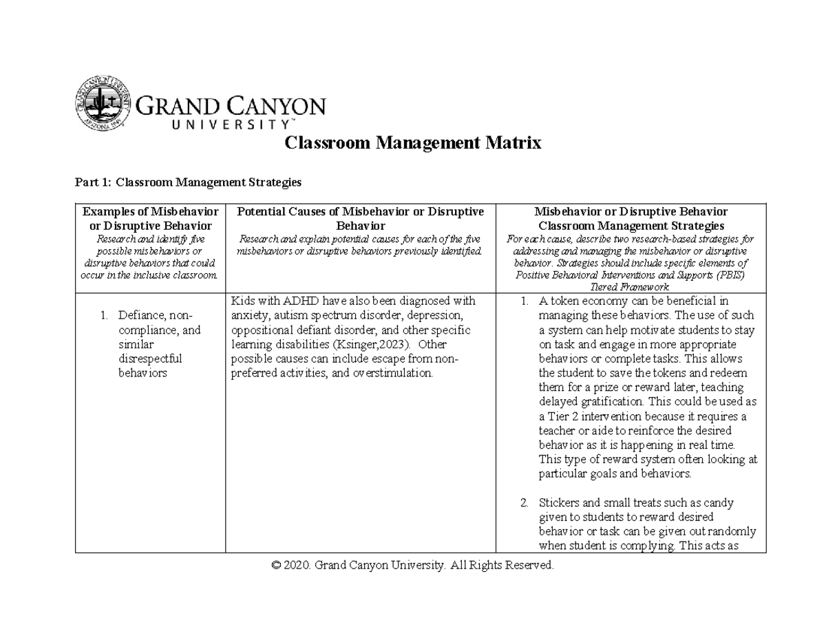 SPD 200 Behavioral Chart - Classroom Management Matrix Part 1 ...