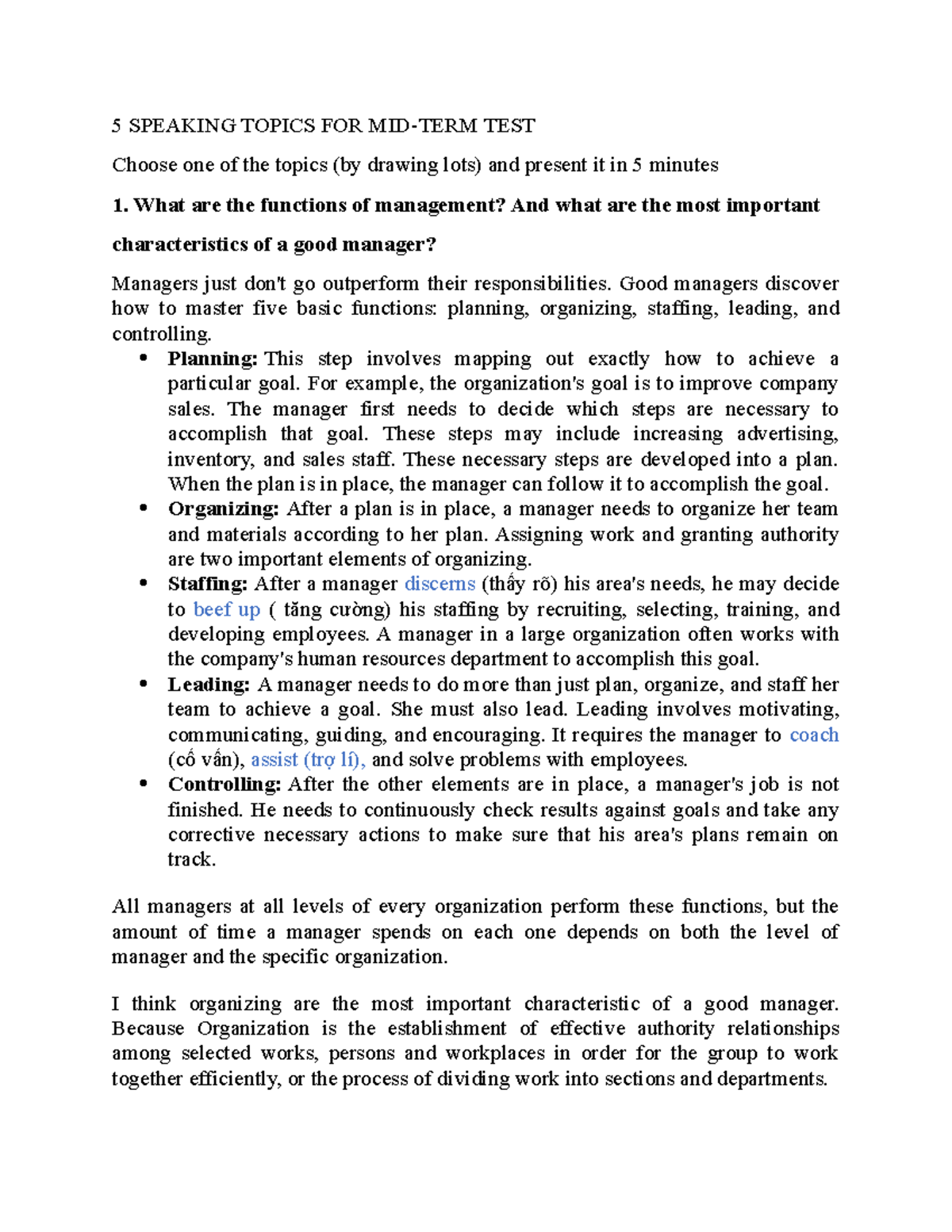 5 Speaking Topics FOR MID - 5 SPEAKING TOPICS FOR MID-TERM TEST Choose ...