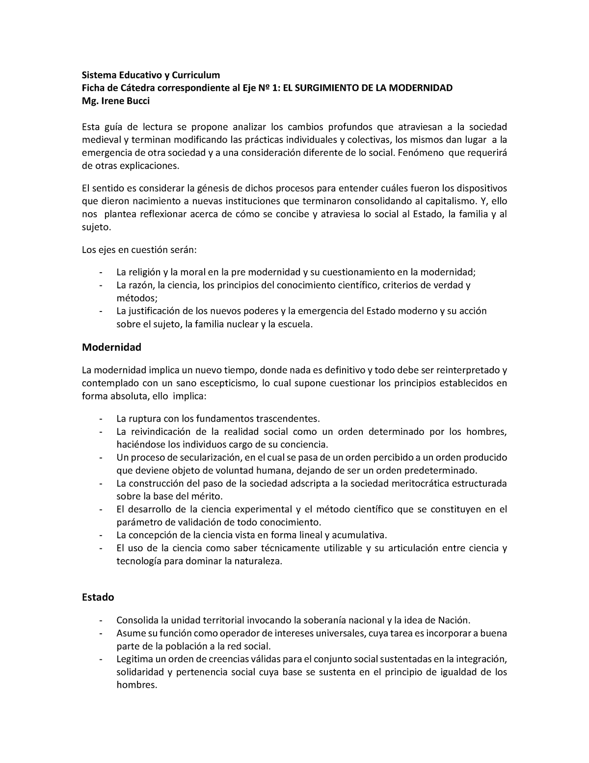 Ficha de Cátedra EJE Modernidad Bucci Sistema Educativo y Curriculum Ficha de Ctedra