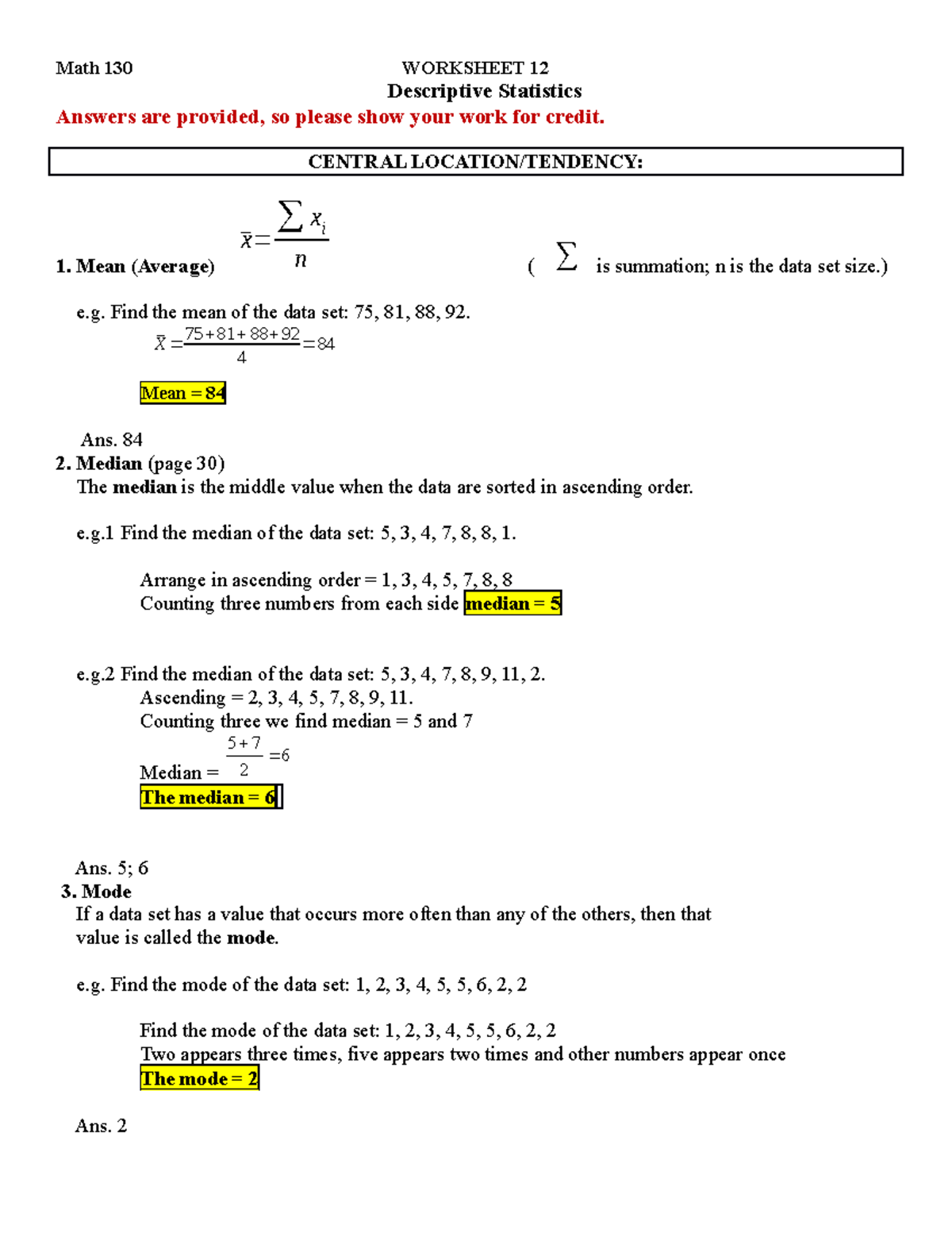 Worksheet-12-Descriptive Statistics Studocu - Math 130 WORKSHEET 12 ...