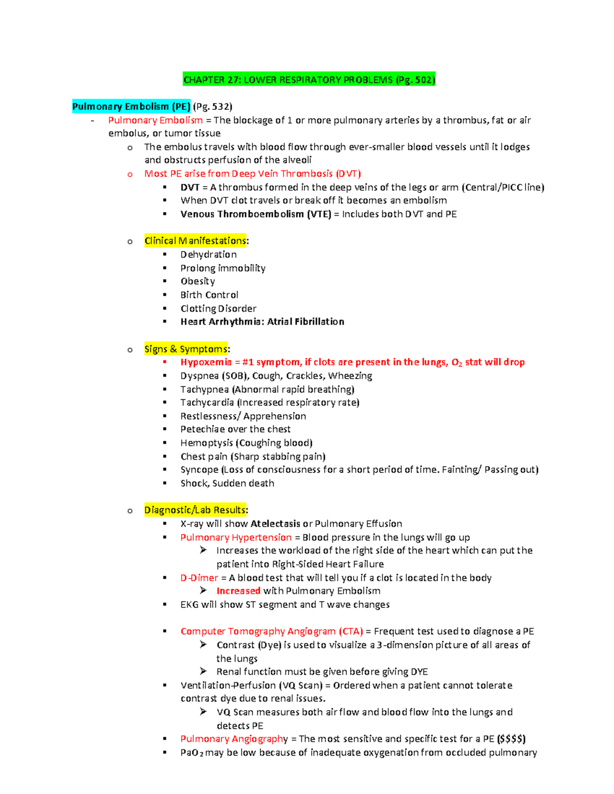 Week 1 Notes - Week 1: Respiratory - CHAPTER 27: LOWER RESPIRATORY ...