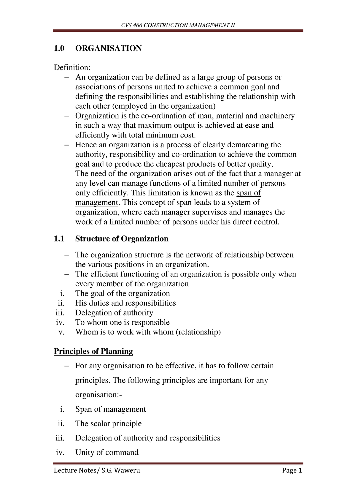 CSE 462 Construction Management II (1)B - 1 ORGANISATION Definition ...