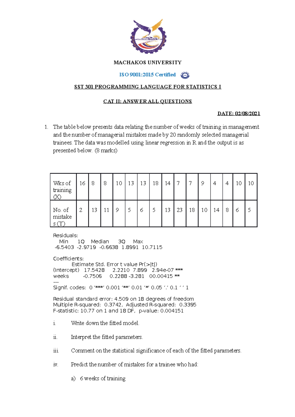 Cat2 sst301 21 - for - MACHAKOS UNIVERSITY ISO 9001:2015 Certified SST ...