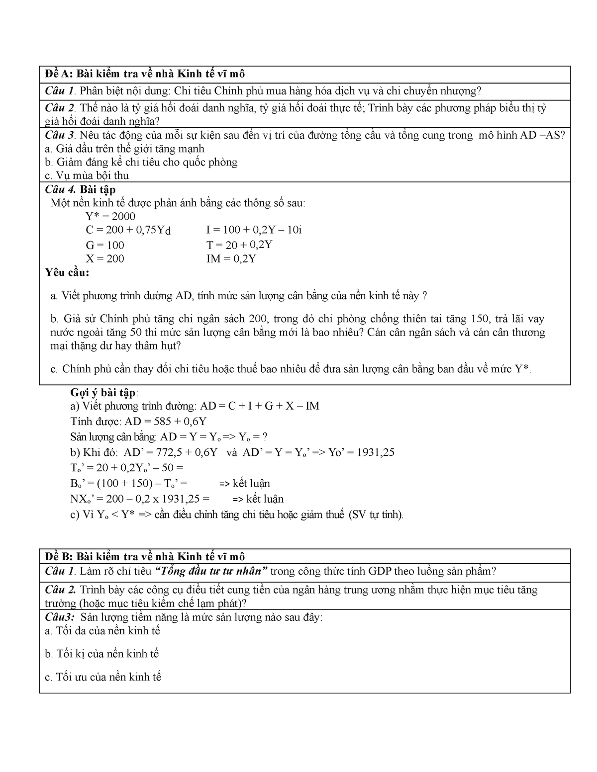Đề A, B Kiểm Tra Kinh Tế Vĩ Mô , Có Gợi ý Bài Tập (1-6-2023) - Đề A ...