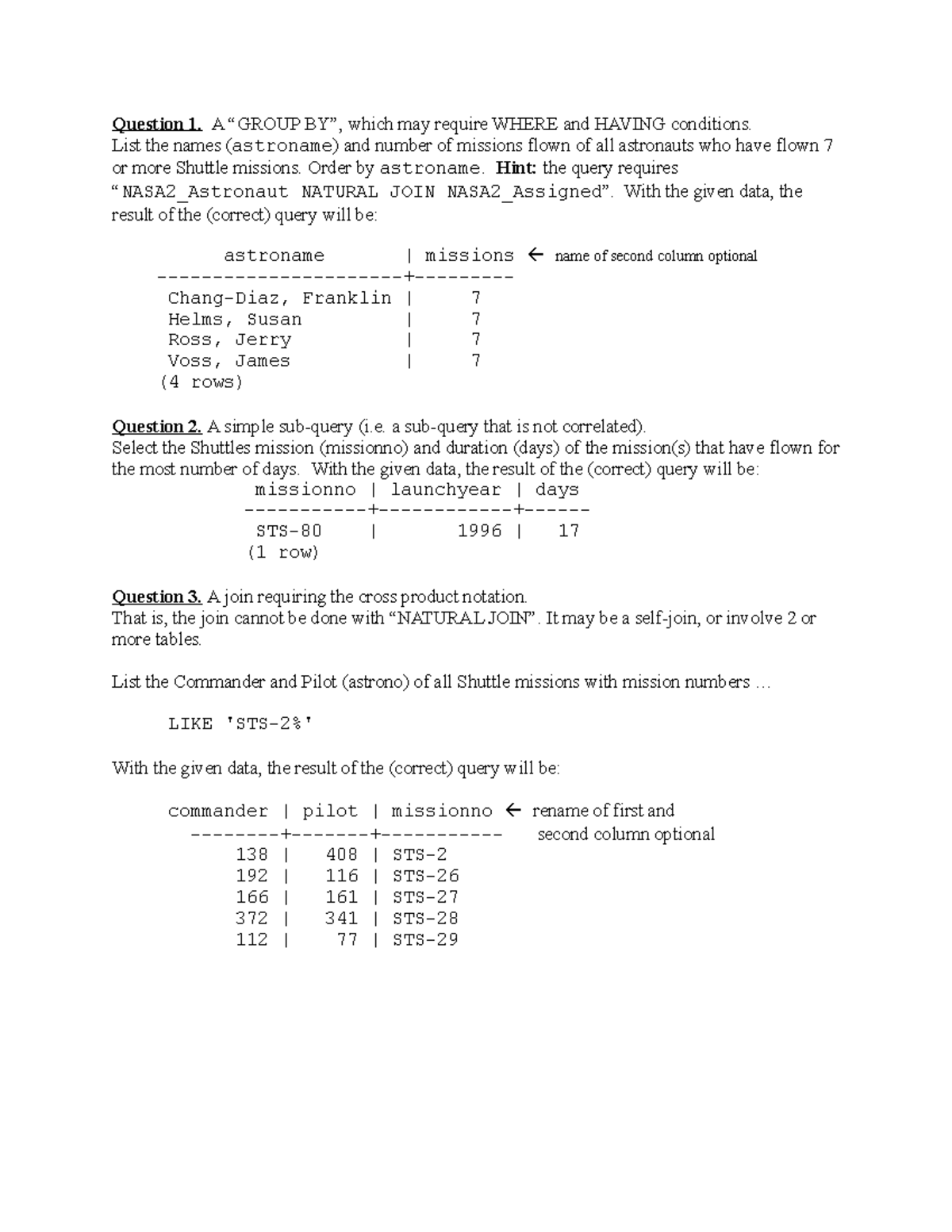 Tutorial 5 Nasa Grpby Queries Sample Paper - Question 1. A “GROUP BY ...
