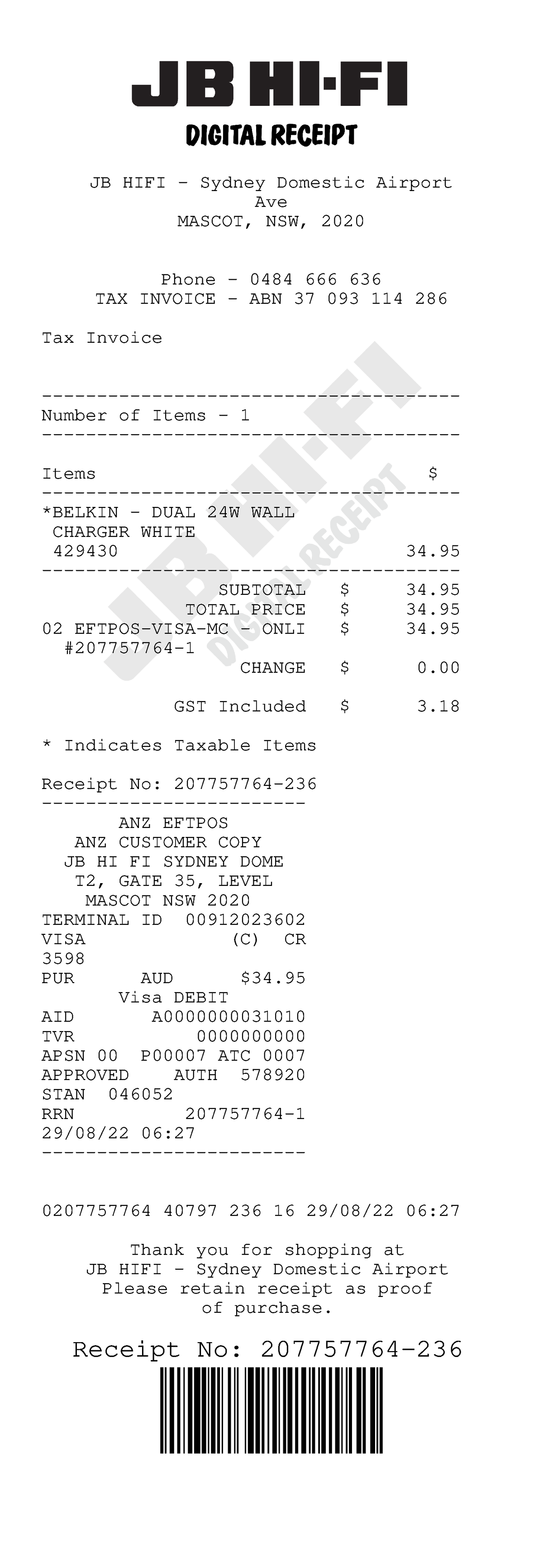 JBHi Fi Receipt Original JB HIFI Sydney Domestic Airport Ave MASCOT NSW 2020 Phone 0484