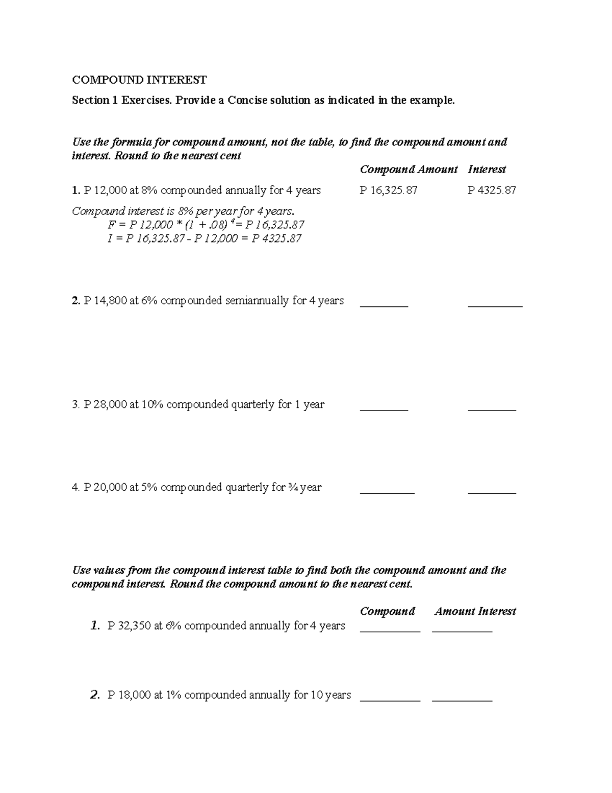 Compound Interest Part 1 - COMPOUND INTEREST Section 1 Exercises ...