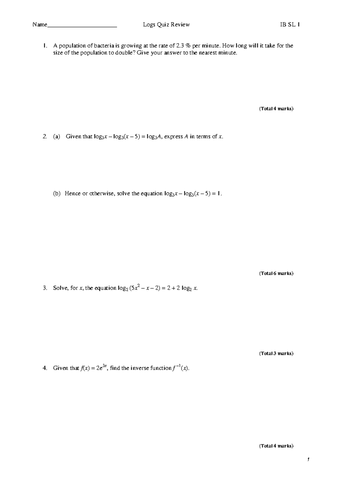Logarithms Quiz Review - Name______________________ Logs Quiz Review IB ...