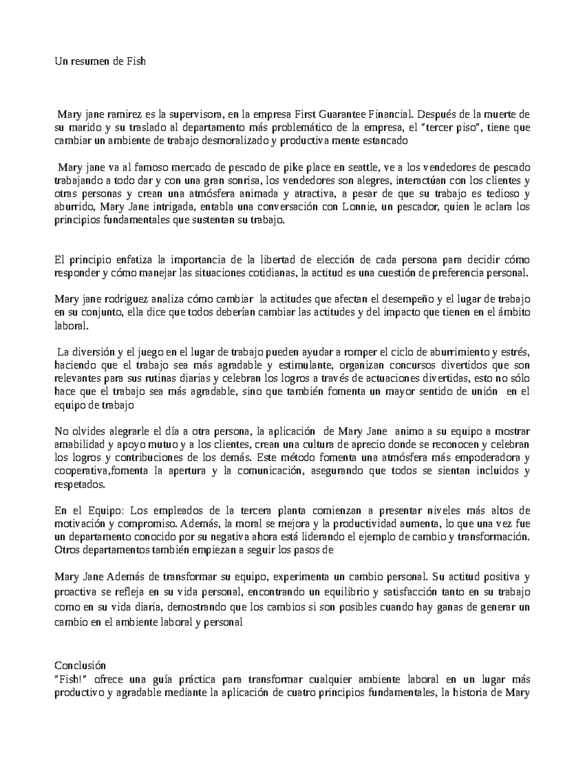 Fish LIBRO AMBIENTE LABORAL - Un resumen de Fish Mary jane ramirez es ...