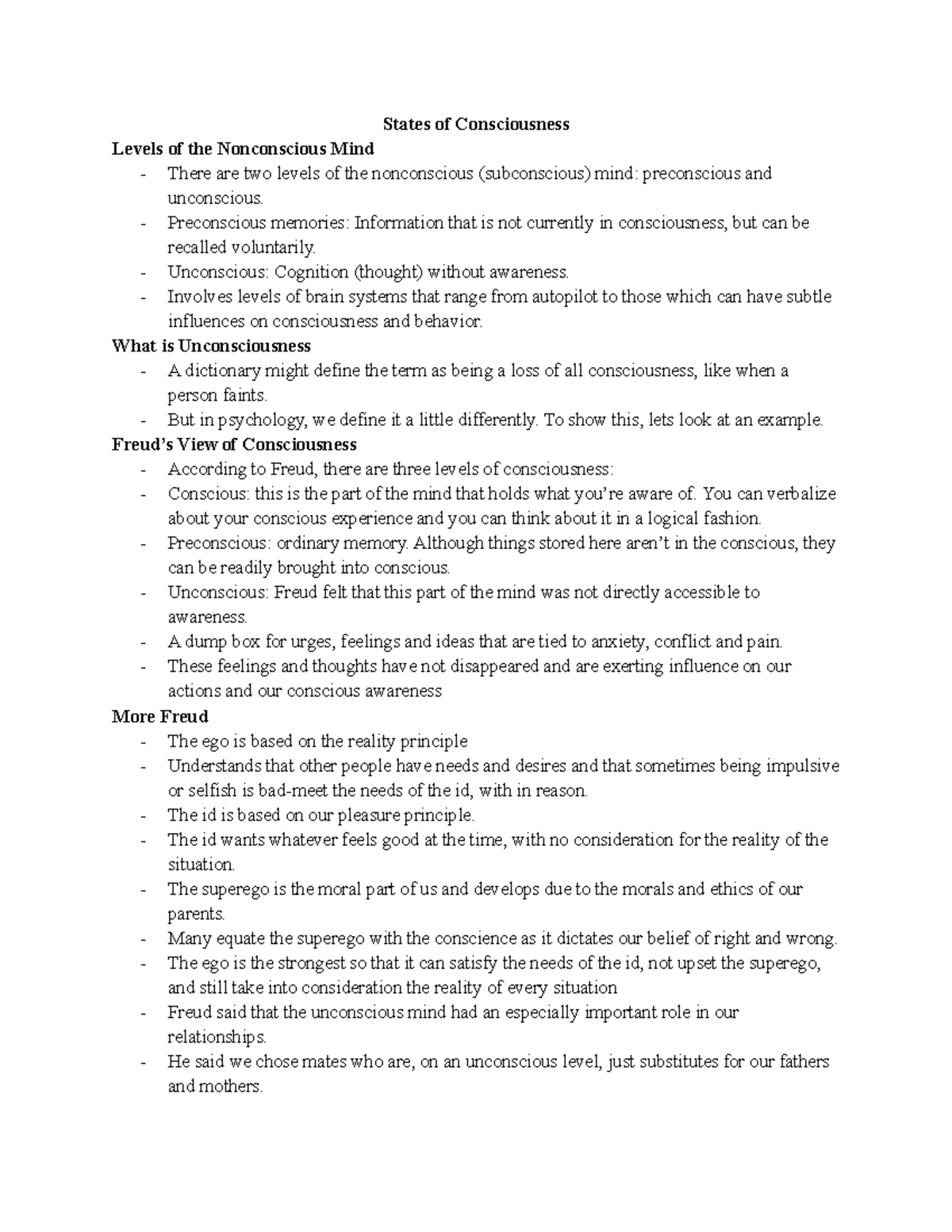 Chap 5.2 notes States of Consciousness Levels of the Nonconscious