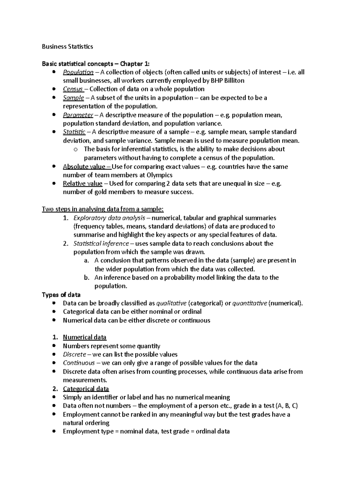 Business Statistics notes - Business Statistics Basic statistical ...