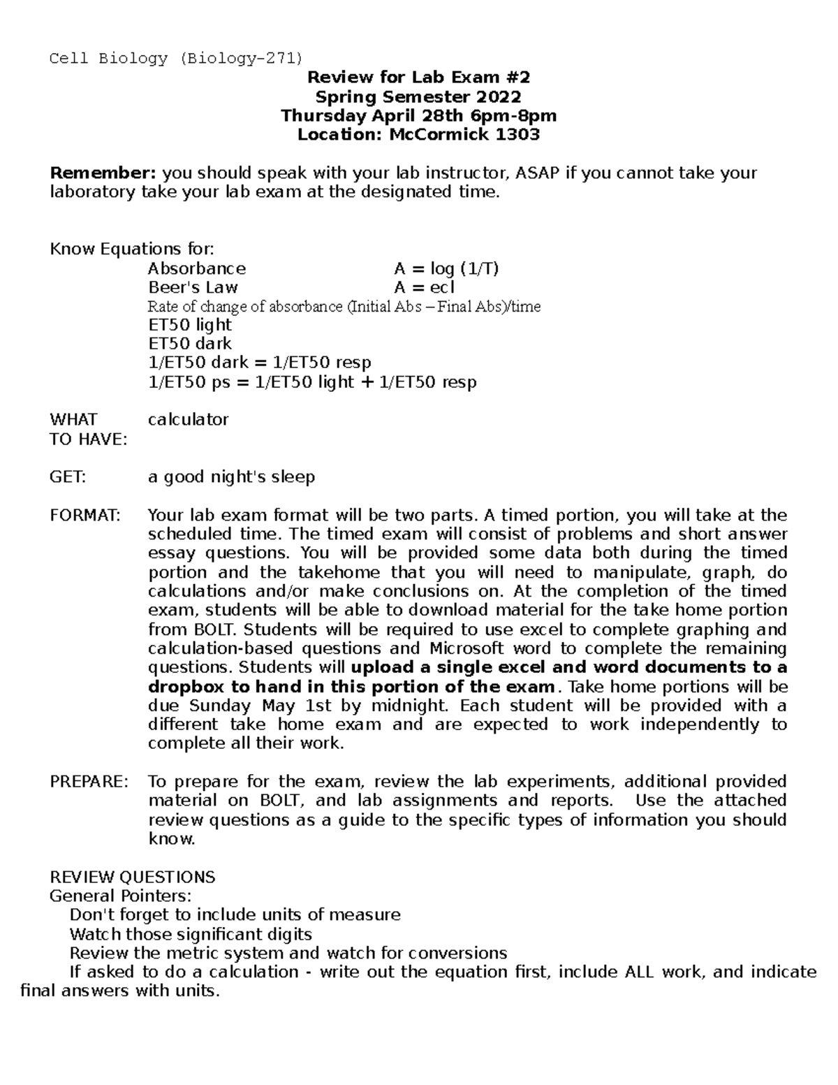 LAB Cell exam2 Review Spring 2022 - Cell Biology (Biology-271) Review ...