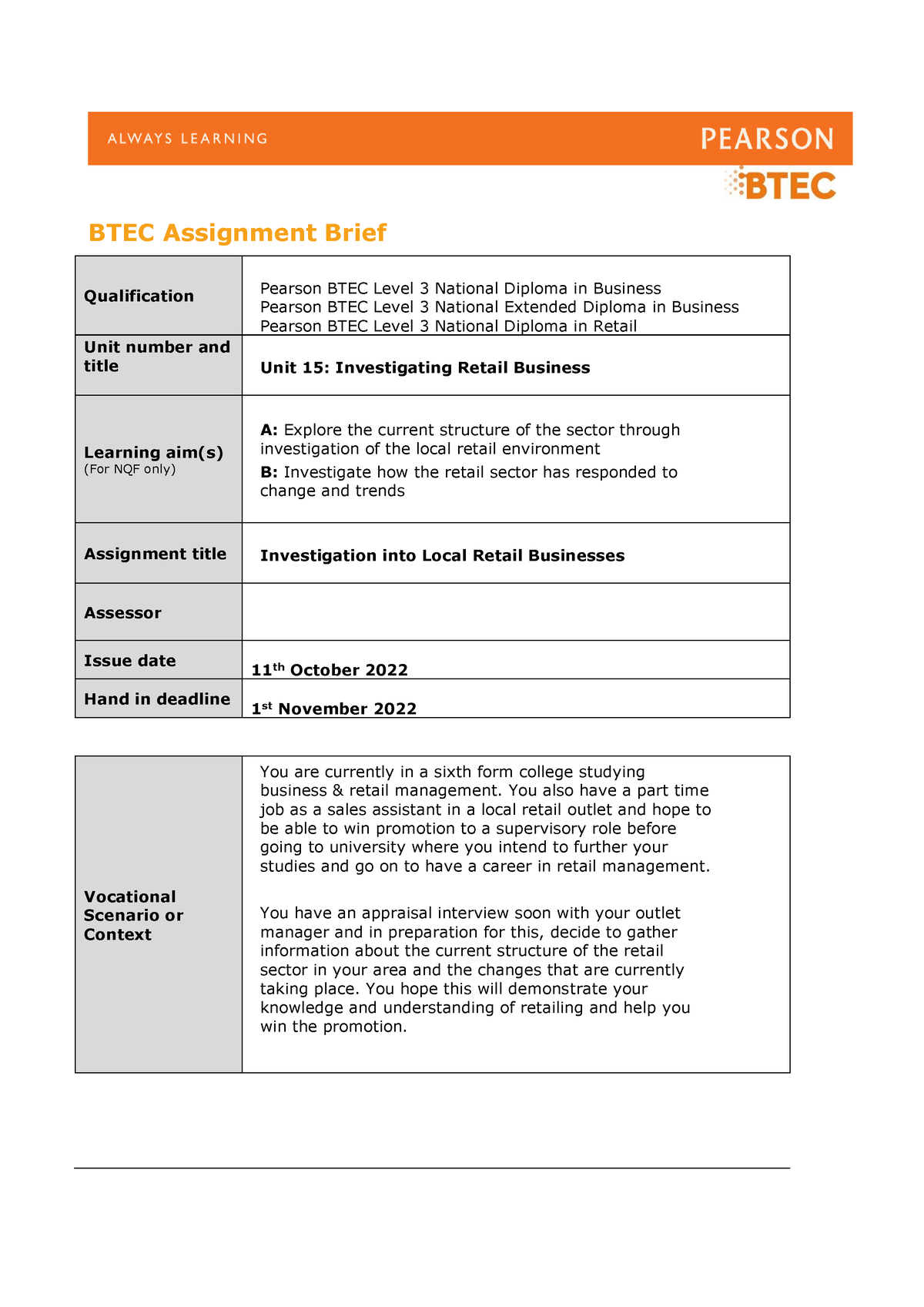 pearson assignment brief iv form