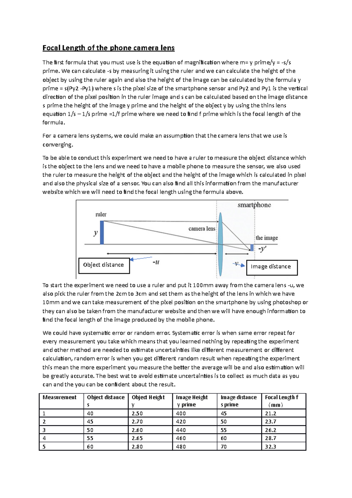 Focal Length of the phone camera lens We can calculate s by
