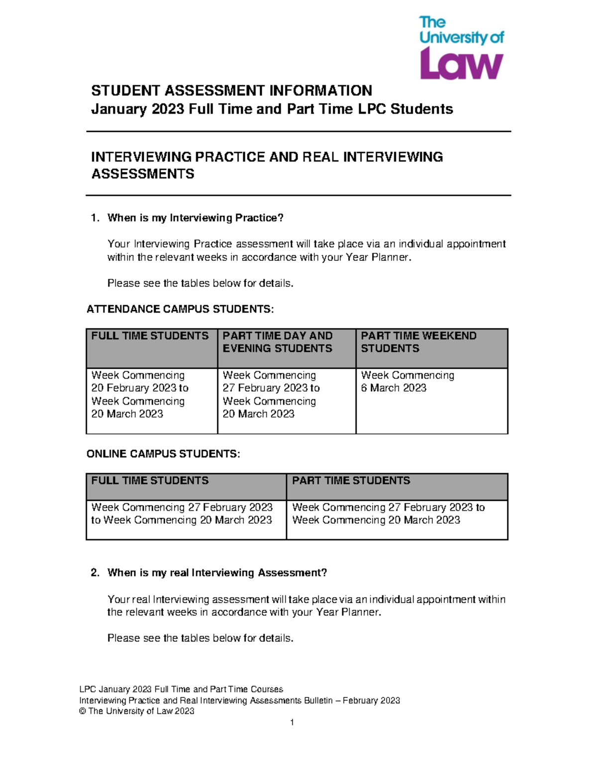 Assessment Information Interviewing LPC January 2023 Full Time and