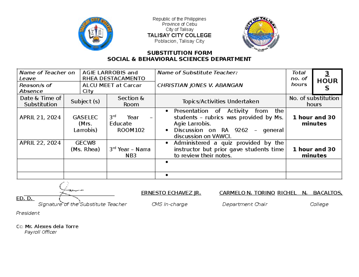 Dept substitution-form - Republic of the Philippines Province of Cebu ...