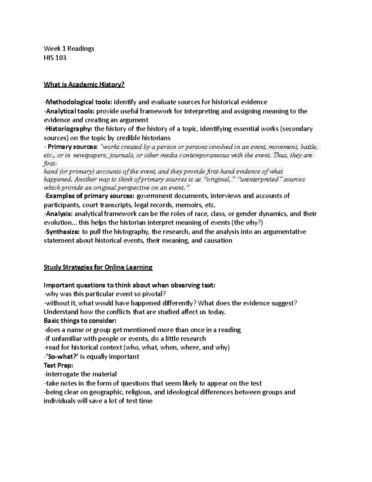 Week 1 Readings - Week 1 Readings HIS 103 What is Academic History ...