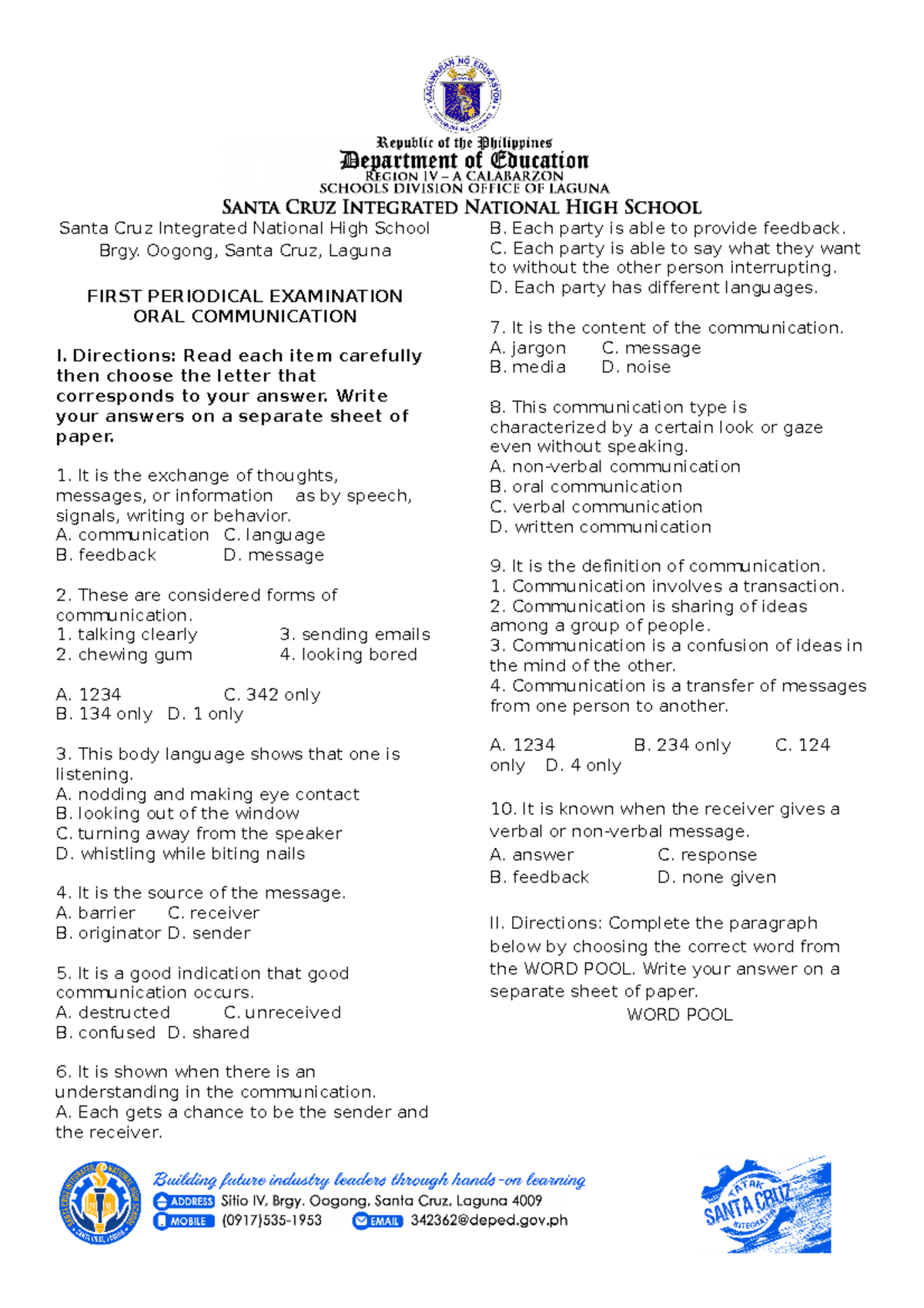 1st Periodical Exam in Oral Communication Answer Key Santa Cruz
