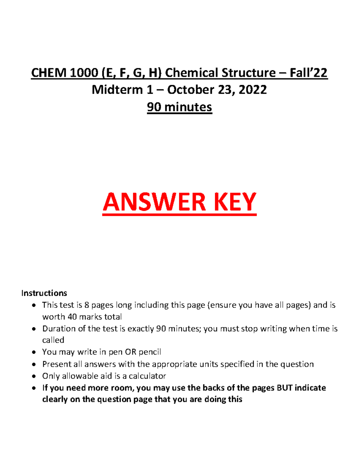 Midterm 1 - Answer Key - CHEM 1000 (E, F, G, H) Chemical Structure ...