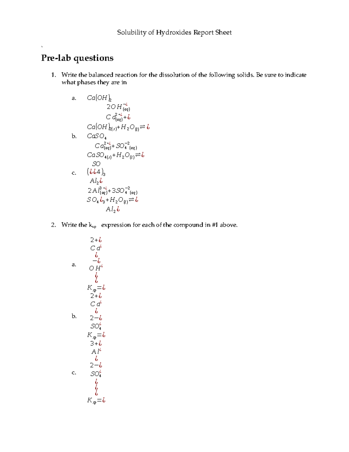 Solubitluty everything but d - ` Pre-lab questions Write the balanced ...