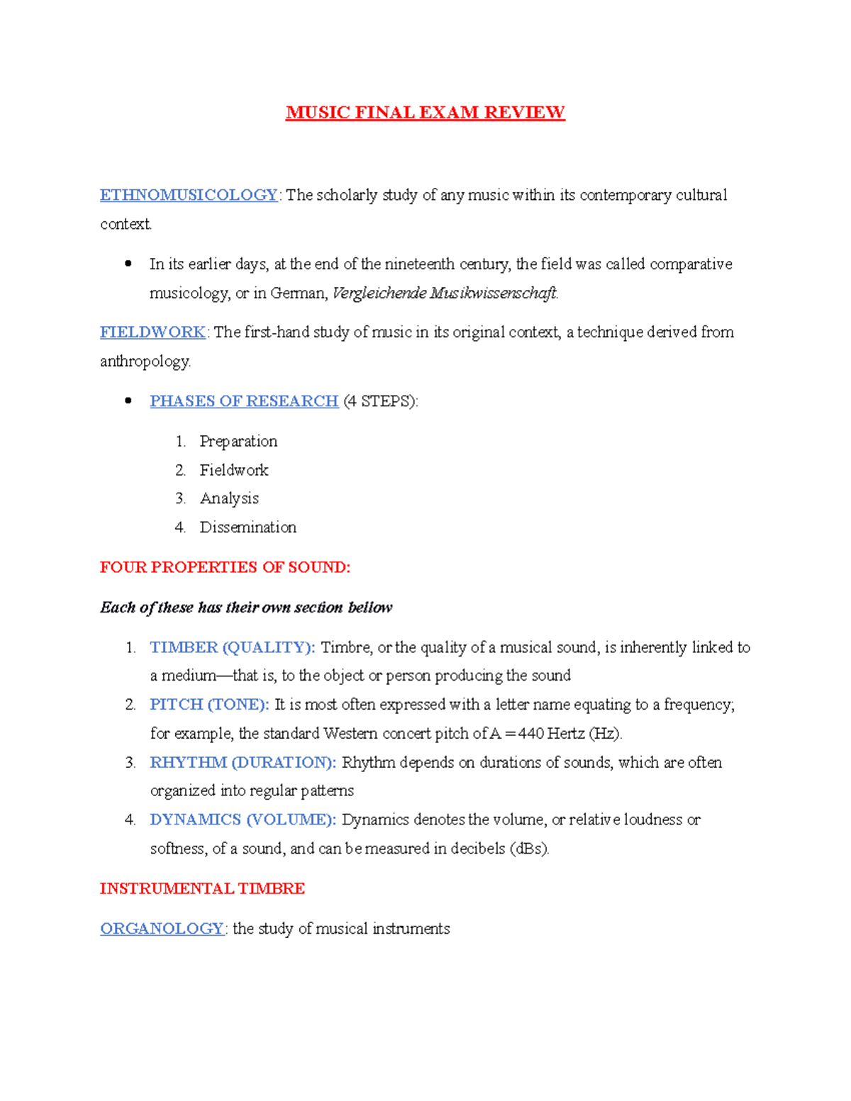 Music Final EXAM Review - MUSIC FINAL EXAM REVIEW ETHNOMUSICOLOGY: The ...