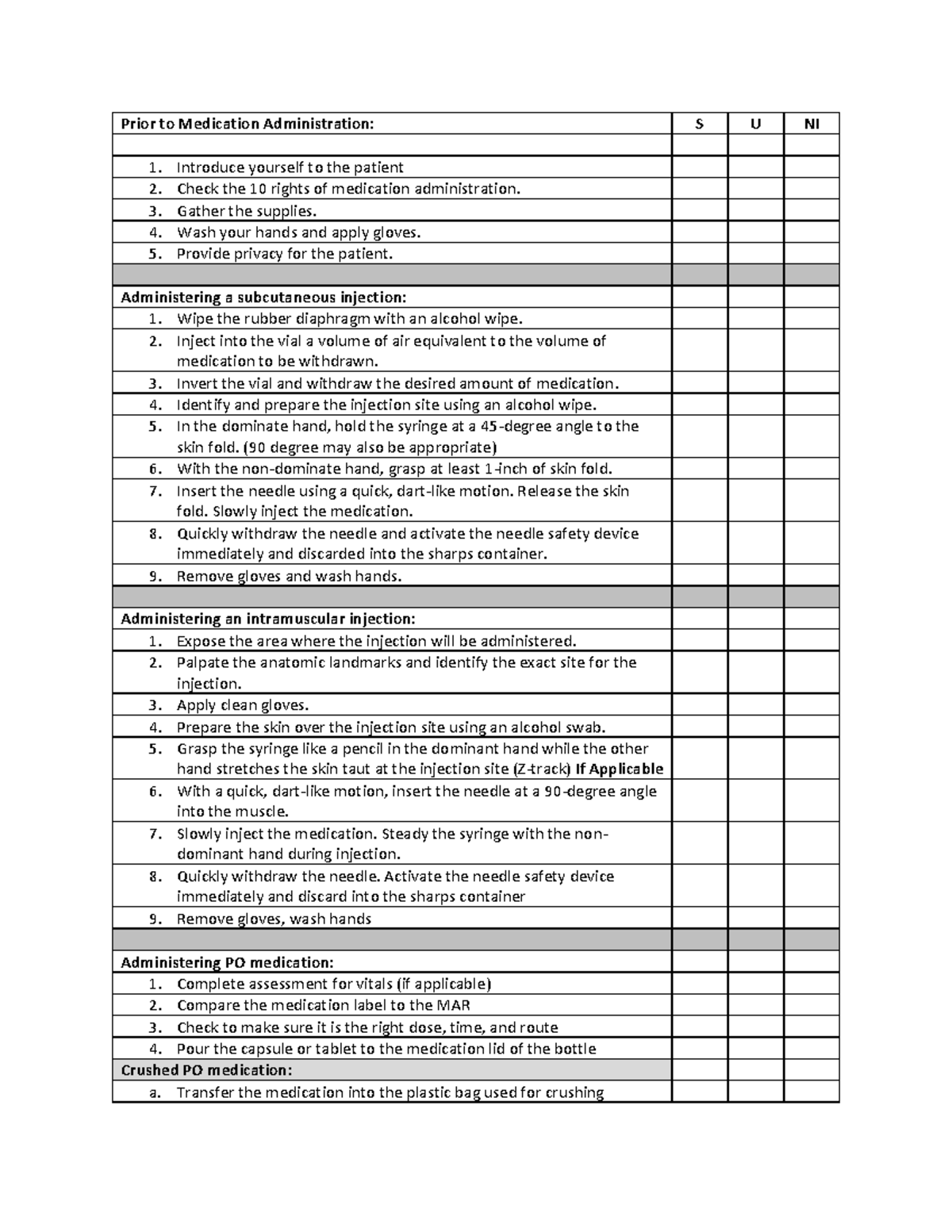 Med Admin Checklist - Prior To Medication Administration: S U Ni 1 