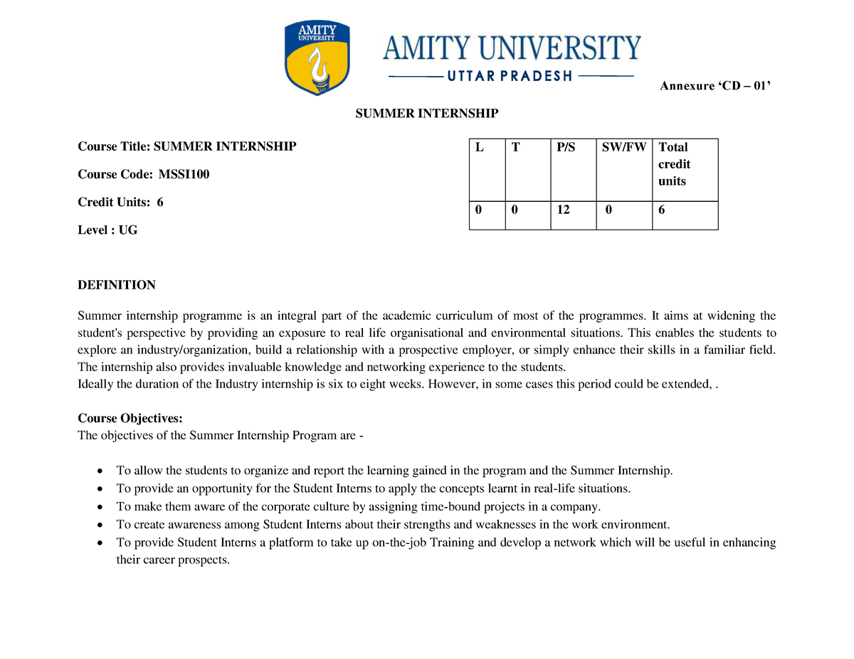 Summer Internship SIP - MSSI 100 Guidelines - Annexure ‘CD – 01’ SUMMER ...